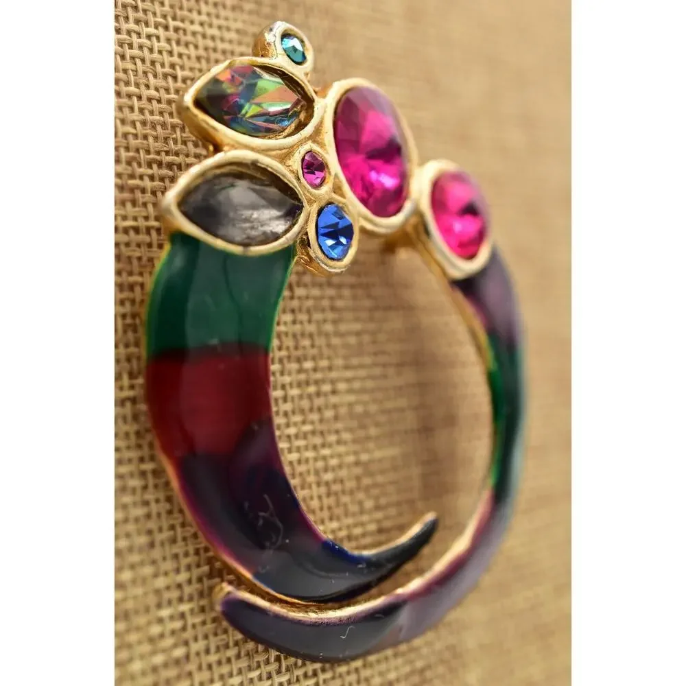 ECD Vintage Crystal Brooch Pin Multi-Color Enamel Gold Chunky 1980s Signed BinBG